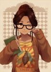  1girl book brown_background brown_eyes brown_hair cardigan checkered cocoa_(meago) collarbone dark_skin food_themed_clothes glasses hair_bun holding long_hair looking_at_viewer lowres meago open_cardigan original personification ribbed_sweater sleeves_past_wrists smile solo sweater t-shirt wink 