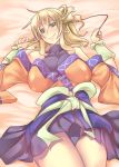  bare_shoulders blonde_hair breasts detached_sleeves green_eyes green_hair large_breasts lying mizuhashi_parsee pointy_ears smile solo toono_yayoi touhou 
