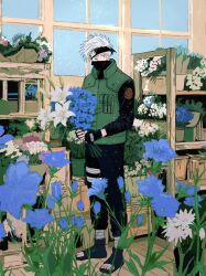  1boy black_gloves black_headband black_pants black_shirt blue_flower bouquet fingerless_gloves flak_jacket flower flower_shop gloves green_vest grey_hair hatake_kakashi headband highres holding holding_bouquet jacket konohagakure_shinobi_uniform konohagakure_symbol lily_(flower) male_focus mask mouth_mask naruto_(series) open-toe_shoes pants scar scar_across_eye scar_on_face shirt shop short_hair solo standing uchihahahaou vest white_flower 