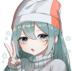  1girl :o aqua_eyes aqua_hair aqua_nails beanie blush commentary double-parted_bangs fingernails gwi_dong_nyang hair_between_eyes hand_up hat hatsune_miku high_collar highres jacket long_sleeves looking_at_viewer nail_polish open_mouth orange_hat portrait pppp_(vocaloid) rabbit_symbol simple_background sleeves_past_wrists solo star_(symbol) two-tone_hat v vocaloid white_background white_hat white_jacket 