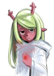  1girl 482egg :< animal_ears animal_nose antlers blonde_hair brown_eyes brown_fur buck_teeth deer_antlers deer_ears deer_girl deltarune freckles frown furry furry_female horns looking_at_viewer noelle_holiday noelle_holiday_(dark_world) raised_inner_eyebrows red_nose robe solo teeth upper_body utdr_(toby_fox) white_background white_robe 