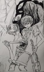  1girl 2boys antenna_hair collared_shirt commentary double-parted_bangs dual_persona english_commentary greyscale hair_between_eyes hands_on_another's_shoulders hellmari_(omori) highres holding holding_instrument holding_knife holding_violin instrument knife long_hair looking_at_another monochrome multiple_boys omori omori_(omori) parted_lips shirt short_hair short_sleeves shorts sunny_(omori) sweater_vest tank_top traditional_media violin 