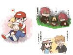  2girls 5boys alternate_costume baseball_cap black_eyes black_hair blue_(pokemon) brown_eyes brown_hair bush cape futeni gold_(pokemon) gold_(pokemon)_(remake) green_eyes green_hair hair_over_one_eye hat hat_ribbon heart holding holding_poke_ball kotone_(pokemon) leaf_(pokemon) multiple_boys multiple_girls ookido_green ookido_green_(hgss) open_mouth pikachu poke_ball pokemon pokemon_(creature) pokemon_(game) pokemon_frlg pokemon_gsc pokemon_heartgold_and_soulsilver pokemon_hgss pokemon_rgby red_(pokemon) red_(pokemon)_(classic) red_ribbon ribbon shorts silver_(pokemon) silver_(pokemon)_(remake) spoken_heart translated translation_request wataru_(pokemon) 