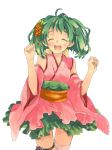  :d alternate_costume detached_sleeves flower frills green_hair hair_flower hair_ornament highres japanese_clothes kimono krtn macross macross_frontier open_mouth ranka_lee short_hair simple_background smile solo thigh-highs thighhighs 
