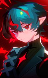  1boy arknights arknights:_endfield black_hair black_sweater blue_hair blush camille_(arknights) closed_mouth cross hair_between_eyes highres looking_at_viewer male_focus multicolored_hair pointy_ears red_background red_eyes red_hair short_hair solo streaked_hair sweater tuji_p turtleneck upper_body 