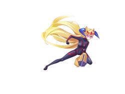  1girl absurdres aizeis arm_cannon assault_visor b-densetsu!_battle_b-daman biometal blonde_hair bodysuit breasts commission commissioner_upload covered_navel elf_(mega_man_zx_prequel) fake_horns fighting_stance forehead_jewel full_body helio_breaker helmet highres horned_helmet horns long_bangs long_hair medium_breasts mega_man_(series) mega_man_zx no_armor non-web_source solo thighs transparent_background weapon 