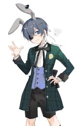  1boy \||/ absurdres animal_ears artist_name black_ribbon blue_eyes buttons chinese_commentary ciel_phantomhive coat commentary_request earrings english_commentary eyepatch grey_hair hand_on_own_hip hand_up highres jewelry kuroshitsuji layered_sleeves long_sleeves male_focus neck_ribbon open_clothes open_coat plaid_clothes plaid_coat rabbit_ears ribbon sekuji shirt short_hair shorts smile solo split_mouth stud_earrings vest white_background white_shirt 