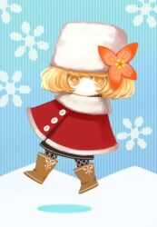  1girl black_pants blonde_hair blue_background blunt_bangs boots brown_boots closed_mouth coat commentary_request deformed flower full_body fur-trimmed_coat fur-trimmed_headwear fur_trim hat hat_flower jun_(navigavi) looking_at_viewer medium_hair orange_flower original pants red_coat shadow snow snowflake_background solo star-shaped_pupils star_(symbol) striped_background symbol-shaped_pupils vertical-striped_background white_hat yellow_eyes 