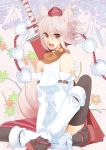  animal_ears bare_shoulders black_legwear body_mahattaya_ginga buckle crossed_legs detached_sleeves geta hat inubashiri_momiji open_mouth pom_pom_(clothes) pom_pom_(clothing) red_eyes scarf short_hair silver_hair sitting smile solo sword tail thighhighs tokin_hat touhou v_arms weapon white_hair wolf_ears wolf_tail 