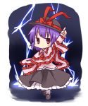 arm_up chibi hat highres lightning nagae_iku pointing pointing_up purple_hair red_eyes skirt solo touhou yamabuki_(yusuraume)