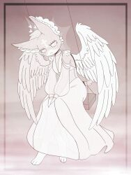  1girl absurdres angel_wings animal_ears animal_feet animal_hands avenful bare_shoulders blush_stickers cat_ears cat_girl cat_tail dress eyelashes forehead_cross frown full_body furry furry_female half-closed_eyes heart highres marshmallow_(mewgenics) mewgenics on_swing personification pink_background see-through_clothes see-through_dress see-through_sleeves solid_eyes solo swing tail white_dress white_eyes wings 