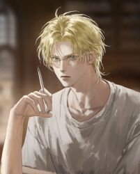  1boy ash_lynx banana_fish blonde_hair closed_mouth collarbone glasses green_eyes grey_shirt highres holding holding_pen looking_at_viewer male_focus nose_pads pen shirt short_hair solo t-shirt upper_body white_shirt yangshu893 yellow-framed_eyewear 