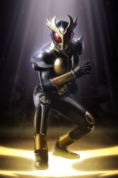  1boy altering_(agito) armor commentary_request compound_eyes full_body hand_up highres kamen_rider kamen_rider_agito kamen_rider_agito_(series) looking_at_viewer masukudo_(hamamoto_hikaru) rider_belt solo tokusatsu 