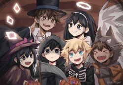  >_< 2girls 4boys :d aged_down alternate_costume alternate_eye_color angel angel_wings antenna_hair artist_name aubrey_(faraway)_(omori) aubrey_(omori) basil_(faraway)_(omori) basil_(omori) basket black_eyes black_hair black_hat blonde_hair blue_eyes blush bright_pupils brother_and_sister brothers brown_eyes brown_hair candy closed_eyes closed_mouth commentary double-parted_bangs english_commentary fake_halo fake_wings fangs food hair_between_eyes halloween_costume halo hands_on_another's_shoulders hat hero_(faraway)_(omori) hero_(omori) highres hiyon_(sun_hiyon) holding holding_basket hood hood_up kel_(faraway)_(omori) kel_(omori) long_sleeves looking_at_viewer mari_(faraway)_(omori) mari_(omori) multiple_boys multiple_girls omori open_mouth scythe short_hair siblings sidelocks smile sunny_(omori) teeth tongue top_hat upper_teeth_only white_pupils wings witch witch_hat xd 