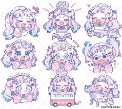  >_< +_+ 1girl :d :i apron blue_eyes blue_hair blunt_bangs blush_stickers bus chibi chibi_only closed_eyes closed_mouth commentary_request copyright_notice frilled_apron frills gradient_hair jacket jersey_maid long_hair long_sleeves maid maid_headdress motor_vehicle multicolored_hair multiple_views nijisanji notamaru_2 official_art open_mouth pink_hair pink_jacket pink_skirt purin_lala_mode shiputan skirt smile tears track_jacket twintails unconventional_maid virtual_youtuber watermark watermark_grid wavy_mouth white_apron white_background xd 