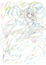  1girl absurdres armpits blue_hair butterfly_hat_ornament color_trace cure_eclair drill_hair fighting_stance graphite_(medium) hat_ornament hatching_(texture) highres kicking kitazinger linear_hatching lineart long_hair looking_at_viewer magical_girl meitantei_precure! midriff motion_lines navel outstretched_leg precure simple_background sketch smile solo traditional_media twin_drills very_long_hair white_background 