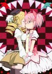  abe_kanari asymmetrical_docking beret blonde_hair blush breast_press breasts bubble_skirt charlotte_(madoka_magica) checkered checkered_background cheek_kiss choker closed_eyes detached_sleeves drill_hair eyes_closed fang gloves hair_ribbon hand_holding hat holding_hands kaname_madoka kiss magical_girl mahou_shoujo_madoka_magica mami_mogu_mogu multiple_girls official_style open_mouth pink_eyes pink_hair puffy_sleeves ribbon short_hair short_twintails thigh-highs thighhighs tomoe_mami twintails white_gloves wink yuri zettai_ryouiki 