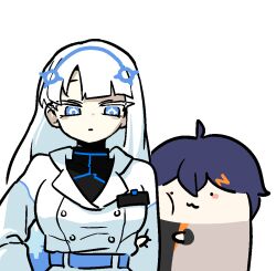  2girls arm_hug badge belle_(zenless_zone_zero) belt black_undershirt blue_belt blue_eyes breasts chibi coat colored_eyelashes commentary crossed_bangs dollarwang ethereal_(zenless_zone_zero) fairy_(zenless_zone_zero) hair_ornament headband height_difference large_breasts letter_hair_ornament long_hair multicolored_hair multiple_girls personification striped_clothes striped_wrist_cuffs two-tone_hair very_long_hair white_background white_coat white_eyelashes white_hair wrist_cuffs zenless_zone_zero 