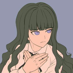  1girl arthasw artist_name black_ribbon closed_mouth collared_shirt crossed_arms danganronpa_(series) danganronpa_3_(anime) frown hands_up long_hair long_sleeves neck_ribbon pink_eyes ribbon sato_(danganronpa) shirt simple_background solo upper_body white_shirt 