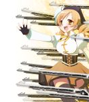  bad_id beret blonde_hair blurry blush corset depth_of_field detached_sleeves drill_hair fingerless_gloves gloves gun hat magical_musket mahou_shoujo_madoka_magica nono_(noxno) open_mouth outstretched_arm outstretched_hand puffy_sleeves rifle smile solo thigh-highs thighhighs tomoe_mami weapon yellow_eyes zettai_ryouiki 