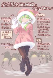  1girl alternate_costume bird black_boots black_pantyhose blush boots brown_background closed_mouth commentary_request dress frog_hair_ornament full_body fur-trimmed_dress fur_trim gloves green_eyes green_hair hair_ornament highres hood hood_up hooded_dress kochiya_sanae long_hair looking_at_viewer one_eye_closed pantyhose penguin red_dress santa_costume santa_dress snake_hair_ornament solo tendou_makura touhou translation_request white_gloves 