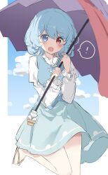  ! 1girl absurdres blue_eyes blue_hair blue_skirt blue_sky blue_vest blush clouds geta heterochromia highres holding holding_umbrella leg_up long_sleeves looking_at_viewer open_mouth outdoors purple_umbrella red_eyes short_hair skirt sky solo spoken_exclamation_mark tatara_kogasa tongue touhou umbrella vbasiliskv vest 