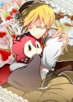  blonde_hair cake charlotte_(madoka_magica) closed_eyes cup detached_sleeves drill_hair eyes_closed fingerless_gloves food fruit gloves hair_ornament hat hug lace magical_girl mahou_shoujo_madoka_magica pleated_skirt puffy_sleeves skirt strawberry teacup tomoe_mami tousei 