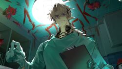  1boy :s absurdres black_hair blood blood_splatter clipboard creature crimzon_ruze crimzon_ruze_(2nd_costume) disposable_gloves earrings extra_eyes from_below grey_hair highres holding holding_clipboard holostars holostars_english jewelry medical_scrubs multicolored_hair nervous_sweating on_ceiling open_mouth pointy_ears raacos ruzader_(crimzon_ruze) scared sharp_tail sweat two-tone_hair violet_eyes virtual_youtuber 