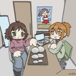  2girls absurdres blue_pants breast_implants brown_hair chair chibi closed_mouth commentary computer cut-here_line door english_commentary from_side full-length_mirror green_eyes highres indoors laptop long_sleeves mirror multiple_girls office_chair original pants parody pointing ponytail poster_(object) puupiks signature smile surgeon surgery swivel_chair tray 