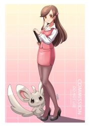  1girl black_shoes border breasts brown_eyes brown_hair brown_pantyhose checkered_background collarbone collared_shirt commentary commission deniacp english_commentary english_text hair_ornament high_heels highres holding long_hair long_legs long_sleeves looking_at_viewer minccino miniskirt office_lady pantyhose pencil_skirt pink_vest pokemon pokemon_(creature) see-through_clothes see-through_pantyhose shirt shoes simple_background skirt small_breasts very_long_hair vest white_border white_shirt wing_collar 