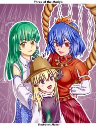  3girls aloner animal_print artist_name blonde_hair blue_skirt breasts brown_hat closed_mouth collared_shirt commentary_request detached_sleeves english_text frog_print green_hair hair_ornament hair_ribbon hair_tubes hands_on_another's_shoulders hat kochiya_sanae layered_sleeves leaf leaf_hair_ornament lipstick long_sleeves looking_at_viewer makeup maple_leaf medium_breasts medium_hair mirror moriya_suwako multiple_girls outline pink_lips purple_background purple_skirt purple_vest red_ribbon ribbon rope shide shimenawa shirt short_hair short_over_long_sleeves short_sleeves single_hair_tube skirt sleeveless sleeveless_shirt smile snake_hair_ornament touhou tress_ribbon vest violet_eyes white_outline white_shirt wide_sleeves yasaka_kanako yellow_eyes 