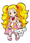  blonde_hair boots brooch chibi creature crown dress earrings futari_wa_precure futari_wa_precure_max_heart futari_wa_pretty_cure futari_wa_pretty_cure_max_heart gloves green_eyes hair_ornament hair_ribbon hairpin happy heart hiyosan jewelry kujou_hikari long_hair magical_girl mascot porun precure pretty_cure ribbon shiny_luminous twintails yellow_eyes 