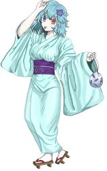  1girl alternate_costume aqua_kimono blue_eyes blue_hair brown_shoes flower full_body geta hair_flower hair_ornament heterochromia highres japanese_clothes kimono long_sleeves looking_at_viewer obi red_eyes sash shoes short_hair simple_background solo tatara_kogasa toho_noukinroku tongue tongue_out touhou white_background wide_sleeves 
