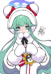  2girls ahoge animal_hood bear_hood blue_archive blue_halo blush bow chibi chibi_inset coat dr_yamero fur-trimmed_coat fur-trimmed_sleeves fur_trim gloves green_eyes green_hair halo highres hood hood_up hooded_coat long_hair long_sleeves looking_at_viewer meru_(blue_archive) mittens momiji_(blue_archive) multiple_girls open_mouth parted_lips pom_pom_(clothes) red_bow sidelocks simple_background solo_focus twintails upper_body very_long_hair white_background white_coat white_gloves winter_clothes winter_coat 