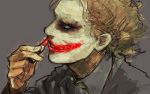  batman batman_(series) clown curly_hair dc_comics eyeshadow face formal glasgow_smile hands higechos lips lipstick makeup male necktie open_mouth short_hair sketch solo suit the_dark_knight the_joker 