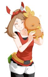  1girl absurdres bike_shorts bike_shorts_under_shorts bow_hairband brown_hair closed_eyes closed_mouth collarbone commentary eyelashes fanny_pack hairband hands_up highres holding holding_pokemon may_(pokemon) neovinci pokemon pokemon_(creature) pokemon_omega_ruby_and_alpha_sapphire red_hairband red_shirt shirt shorts sleeveless sleeveless_shirt smile solo torchic white_background white_shorts 