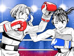  2girls blue_background boxing boxing_gloves boxing_ring boxing_shorts breasts commentary_request flying_sweatdrops gradient_background hatching_(texture) high_ponytail highres lee_(dragon_garou) linea_alba linear_hatching midriff mouth_guard multiple_girls one_eye_closed open_mouth original partially_colored ponytail short_hair shorts single_stripe small_breasts sports_bra sweat very_sweaty 