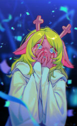  1girl animal_ears blonde_hair blue_background blue_eyes commentary confetti deer_ears deer_girl deltarune english_commentary furry furry_female gaida hands_on_own_face highres long_hair looking_down noelle_holiday noelle_holiday_(dark_world) robe solo utdr_(toby_fox) white_robe wide-eyed 