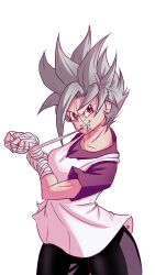  1girl absurdres aura bandaged_arm bandaged_hand bandages bike_shorts biting biting_clothes black_background breasts clenched_teeth closed_mouth collarbone creative_signature dragon_ball dragon_ball_z eyelashes fighting_stance from_below grey_hair hair_around_ear highres injury jimbeckman1205 long_eyelashes long_hair looking_at_viewer looking_back medium_breasts parted_bangs patreon_logo patreon_username purple_shirt red_eyes serious shirt sidelocks signature simple_background smile solo spiky_hair sternocleidomastoid_muscle t-shirt tank_top tank_top_over_shirt teeth torn_clothes torn_shirt torn_tank_top videl white_background white_tank_top 