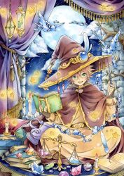  1boy balance_scale belt bird blue_feathers book branch brown_belt brown_cape brown_hair brown_hat candle candlestand cape clouds commentary_request curtains elemental_(creature) feathers fire floating floating_object full_moon gem glint green_eyes hair_between_eyes hand_up hat hat_feather hat_tassel highres holding holding_wand hydrokinesis indian_style indoors magic male_focus moon natuki1016 night on_floor open_book open_mouth orange_robe original painting_(medium) pile_of_books pitcher_(container) quill robe rug shooting_star sitting smile solo star_(symbol) tassel teeth traditional_media upper_teeth_only wand water water_elemental watercolor_(medium) weighing_scale window witch_hat writing 