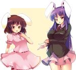  animal_ears blazer breast_hold breasts brown_hair bunny_ears bunny_tail carrot dress finger_gun impossible_clothes impossible_clothing impossible_shirt inaba_tewi ippongui jewelry large_breasts long_hair lowres miniskirt multiple_girls necktie pendant purple_hair red_eyes reisen_udongein_inaba shirt short_hair skirt tail tongue touhou very_long_hair 