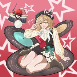 1girl :d apple apple_(reverse:1999) artist_name black_hat black_shorts black_vest boots bow bowtie brown_boots brown_hair drum drum_set drumsticks fake_facial_hair fake_mustache food fruit full_body geye_apple_pai hand_up hat highres instrument looking_at_viewer neck_ribbon official_alternate_costume open_mouth orange_eyes red_background red_vest regulus_(reverse:1999) reverse:1999 ribbon shirt short_hair shorts sitting smile solo star_(symbol) star_symbol_background teeth traditional_bowtie two-tone_vest upper_teeth_only v vest vinyl_record wariza white_bow white_bowtie white_ribbon white_shirt 