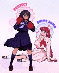  2girls black_eyes black_hair black_serafuku black_shirt black_shoes black_skirt blue_eyes boxing_gloves braid brown_shoes commentary dress english_commentary english_text highres im_vess lara_(sayonara_lara) loafers long_hair low-braided_long_hair low-tied_long_hair mary_janes multiple_girls ootsu_mari protecting romaji_text sayonara_lara school_uniform serafuku shirt shoes short_hair single_braid skirt very_long_hair white_dress 