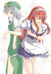  alternate_costume blue_eyes braid cosplay costume_switch enmaided highres hong_meiling hong_meiling_(cosplay) izayoi_sakuya izayoi_sakuya_(cosplay) long_hair maid maid_headdress multiple_girls red_eyes red_hair redhead rindou_(faker&#039;s_manual) rindou_(faker's_manual) short_hair side_slit silver_hair the_embodiment_of_scarlet_devil touhou twin_braids 