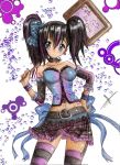  anime_girl bare_shoulders belt black_hair blue_eyes blush bustier choker collarbone corset cute detached_sleeves earring earrings hair_ribbon highlights jewelry midriff original ribbon skirt smile solo striped striped_legwear striped_thighhighs thighhighs traditional_media twintails 