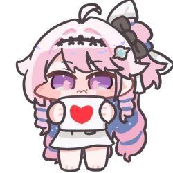  1girl 3: ahoge alpha_transparency barefoot black_bow blue_hair blush_stickers bow chibi chibi_only closed_mouth colored_inner_hair denia_(wuthering_waves) drill_hair hair_bow hair_intakes heart holding holding_pillow long_hair multicolored_hair pillow pink_hair puffy_cheeks stella_ar_t very_long_hair violet_eyes wuthering_waves 
