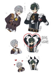  2boys absurdres ahoge arms_up aurelia_academy_school_uniform black_dress black_gloves candy closed_eyes crossdressing crossdressing_(mtf) crossed_bangs dress enmaided food food_in_mouth four-finger_heart_hands gloves green_hair grey_hair hair_between_eyes hair_over_one_eye heart heart_arms heart_hands highres implied_yaoi lighter_(zenless_zone_zero) lollipop lollipop_in_mouth looking_at_another maid maid_headdress male_focus male_maid multiple_boys neckerchief open_mouth school_uniform short_hair simple_background translation_request wassann white_background wise_(oath_of_skies)_(zenless_zone_zero) wise_(zenless_zone_zero) yellow_neckerchief zenless_zone_zero 