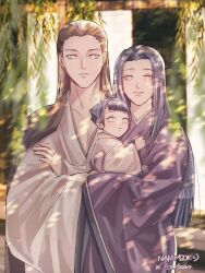  1boy 2girls absurdres aged_down blunt_bangs carrying carrying_person child commentary crossed_arms dated english_commentary expressionless family father_and_child father_and_daughter forehead hair_slicked_back highres husband_and_wife hyuuga_hiashi hyuuga_hinata japanese_clothes kimono light_frown lips long_hair mother_and_child mother_and_daughter multiple_girls nanimook_kore naruto_(classic) naruto_(series) naruto_shippuuden parent_and_child purple_kimono short_hair signature smile tree_shade very_long_hair white_kimono wide_sleeves 
