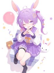  1girl ;) absurdres ahoge animal_ear_fluff animal_ears artist_name balloon bare_shoulders belt black_choker black_shoes black_socks blush bow box chisaka_raku choker detached_sleeves earrings flat_chest frilled_sailor_collar frilled_sleeves frills from_above full_body gift hair_bow hair_intakes hair_ornament hair_ribbon hairclip hands_up highres invisible_floor jewelry kneehighs knees_together_feet_apart long_hair long_sleeves looking_at_viewer mary_janes miniskirt neck_ribbon nose_blush on_box one_eye_closed open_mouth original parallel_hairclips pleated_skirt purple_hair purple_ribbon purple_sailor_collar purple_skirt rabbit_ears ribbon sailor_collar shoes side_ponytail simple_background single_earring sitting sitting_on_box skirt smile socks solo star_(symbol) star_hair_ornament steepled_fingers streamers stuffed_animal stuffed_rabbit stuffed_toy teardrop_earrings thigh_belt thigh_strap violet_eyes w_arms white_background yellow_ribbon 