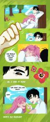  1boy 1girl alien_stage black_eyes black_hair colored_eyelashes commentary english_commentary fang farbtron flower grass highres implied_yaoi ivan_(alien_stage) long_hair mizi_(alien_stage) nose_bubble pink_hair poking_nose red_flower red_pupils shirt short_hair thick_eyebrows very_short_hair white_shirt yellow_eyes 